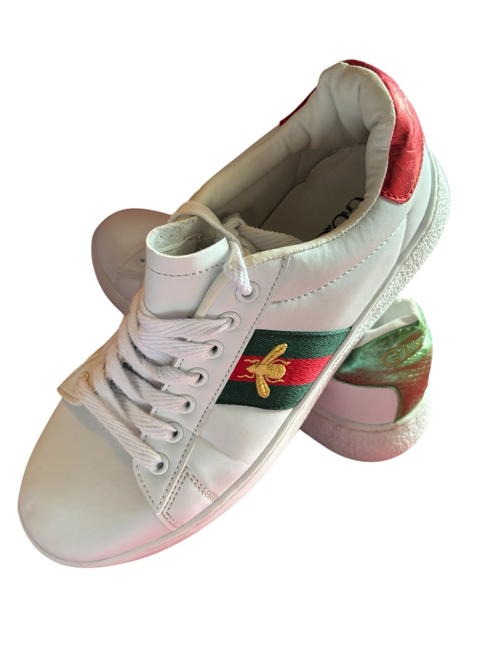 Gucci White Leather Sneakers with Red & Green Stripe and Gold Bee Used